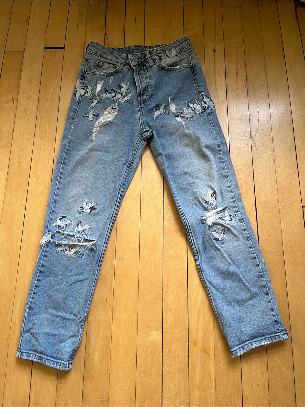 Light Blue Embroidered High-Rise Jeans